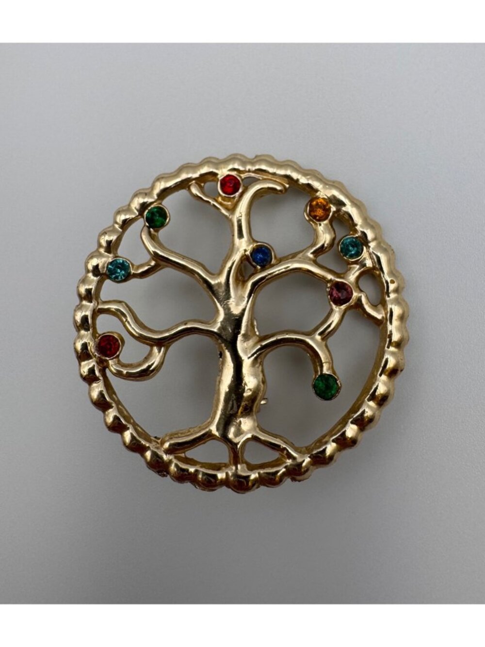 Vintage Gold Tone Tree of Life Brooch Multicolor Rhinestone Family Tree Pin